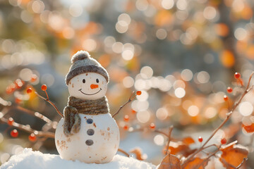 Obraz premium cute snowman toy with winter forest in the background
