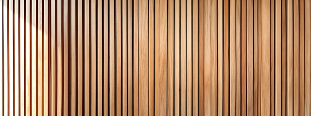 Obraz premium Wooden wall background with vertical slats, texture of natural wood paneling for interior design or backdrop. Wooden paneling wall. 
