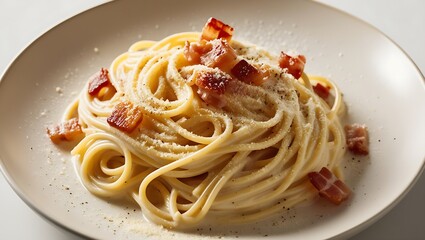 A plate of spaghetti carbonara with crispy bacon, parmesan cheese, and black pepper.