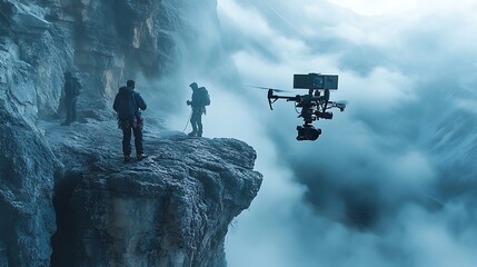 A drone filming an action scene on a mountain cliff, operated by a filmmaker dressed in rugged outdoor gear, capturing a dynamic shot of climbers scaling the cliff face, early morning mist rising,