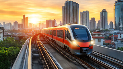 Fototapeta premium A futuristic high-speed train gliding along an elevated track, connecting major cities across regions with eco-friendly transportation