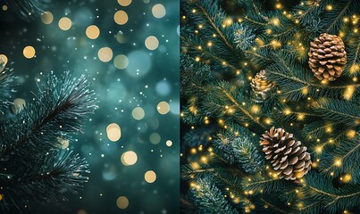 Fototapeta premium Festive Fir Tree with Bokeh and Glowing Lights with copy space 