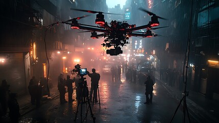 A drone flying above a bustling film set in an urban environment, capturing aerial shots of actors and crew members, filmmaker directing the scene with hand signals, city lights glowing,