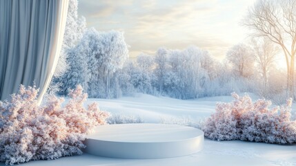 Fototapeta premium White Circular Platform in a Snowy Winter Forest