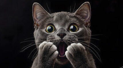Surprised gray cat with wide eyes and paws