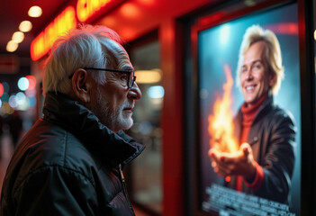 Obraz premium An elderly man lost in thought while gazing at a vibrant movie poster on a bustling street at night