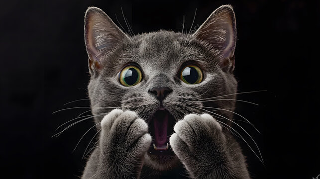 Surprised gray cat with wide eyes and paws