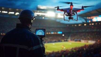 A drone flying over a crowded sports stadium, operated by a security guard monitoring the crowd for safety, vibrant atmosphere with cheering fans, bright stadium lights illuminating the scene,