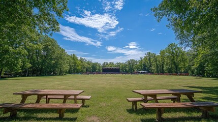 Expansive Green Field Surrounded by Lush Trees Under a Bright Blue Sky with Fluffy White Clouds, Perfect for Outdoor Activities and Gatherings