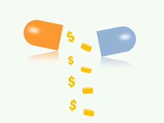 Gold money sign and coins pouring from an open pill capsule against light grey background. Healthcare cost and saving concept.
