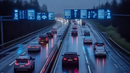 A highway filled with electric vehicles, with digital road signs showing charging points and traffic data, showcasing the growing adoption of EVs,