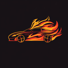 A black car engulfed in flames, with a dark background.