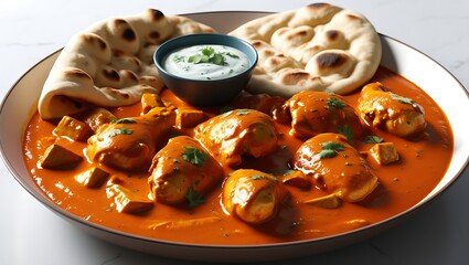 A platter of Indian butter chicken with two pieces of naan bread and a side of yogurt sauce.