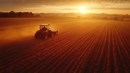 Fototapeta premium A drone flying over a potato field during harvest season, capturing footage of farmers working and machinery in action, the operator dressed in farm gear,