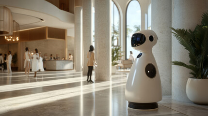 A hotel lobby equipped with an AI virtual concierge, guiding guests to nearby attractions and managing reservations,
