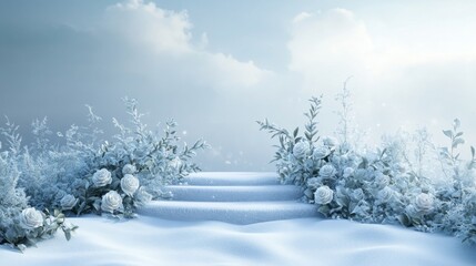 Fototapeta premium Snowy Steps with Frosty White Roses and Branches