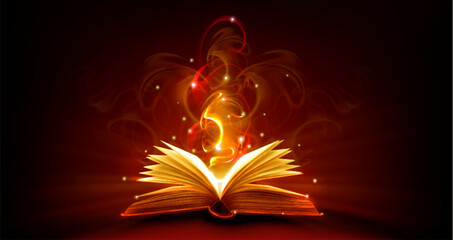 Open magic book with fire light. Fantasy flame bible. Burning fairytale or spell literature for education. 3d mystic glow design with dust and glitter. Realistic handbook with legend and wisdom © klyaksun