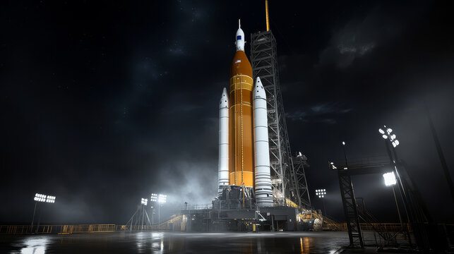 A launchpad with reusable rockets, preparing for a mission to transport supplies to a lunar base, advancing space infrastructure
