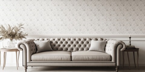 Obraz premium Beige tufted sofa with pillows in front of a patterned wall with side tables.