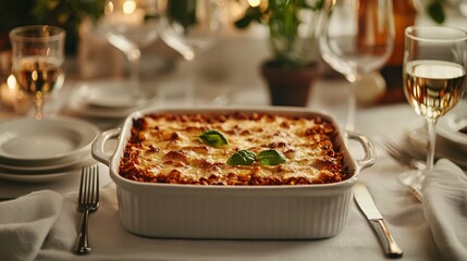 Delicious Baked Pasta Dish Served on Elegant Table Setting with Fine Glassware and Decorative Elements in a Warm and Inviting Atmosphere