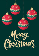 Christmas card with Christmas tree balls and handwritten text Merry Christmas. Bright New Year illustration.