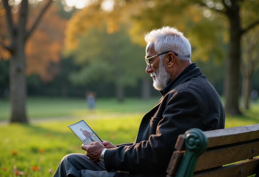 An elderly man with Alzheimer's gazes thoughtfully at a cherished photograph in a serene autumn park - Powered by Adobe