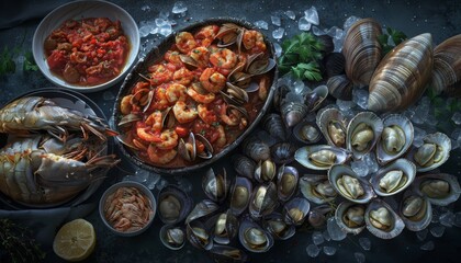 Fresh seafood and shellfish ingredients on ice and a dish of cooked seafood stew with shrimp, mussels, and clams.