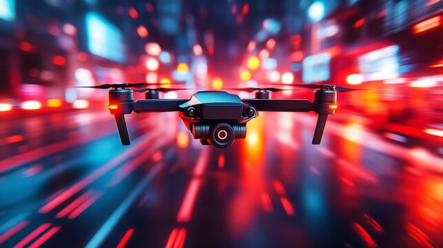 A drone racing enthusiast piloting a drone through a futuristic urban track, racing through illuminated checkpoints, reflections of city lights on the drone's sleek body, the pilot wearing VR goggles,