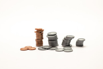 US coin ascending like a bar graph isolated on white table