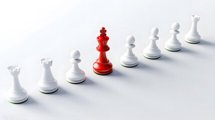 Red king standing out among white chess pieces