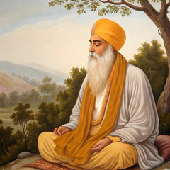 A vibrant depiction of Guru Nanak, highlighting his teachings of equality, compassion.