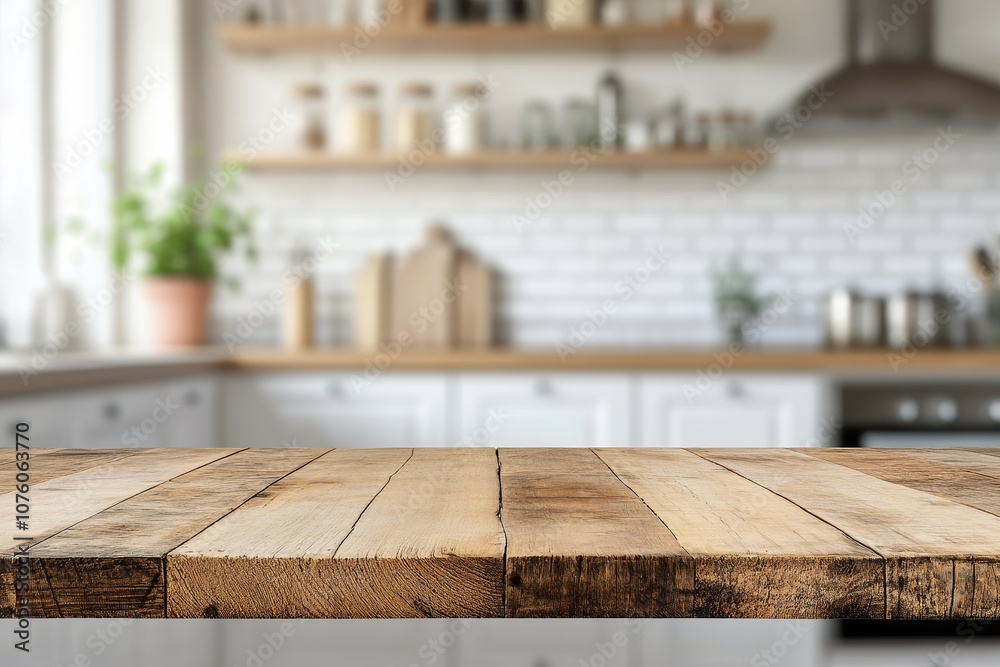 Poster close-up of a rustic wooden tabletop with a blurred background of a modern kitchen.