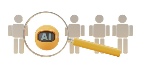 Magnifying glass highlighting AI among humanoid figures, isolated on white background. Concept of artificial intelligence. 3D Rendering