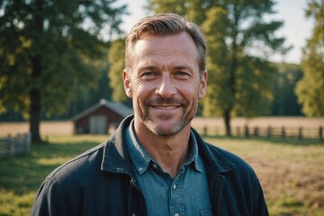Close portrait of a smiling 40s Swedish male farmer standing and looking at the camera, outdoors Swedish rural blurred background