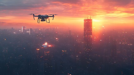 A filmmaker using a high-end drone to capture a sweeping aerial shot over a cityscape at sunset, the drone flying above skyscrapers, capturing the golden light reflecting off glass buildings,