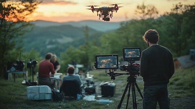 A filmmaker using a high-end drone for an outdoor movie shoot, drone capturing dynamic aerial shots, scene set in a picturesque landscape, crew watching monitor screens, cinematic lighting,