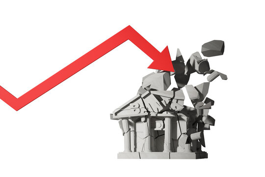 Crumbling bank building hit by descending red arrow on white background, symbolizing financial crisis. 3D Rendering