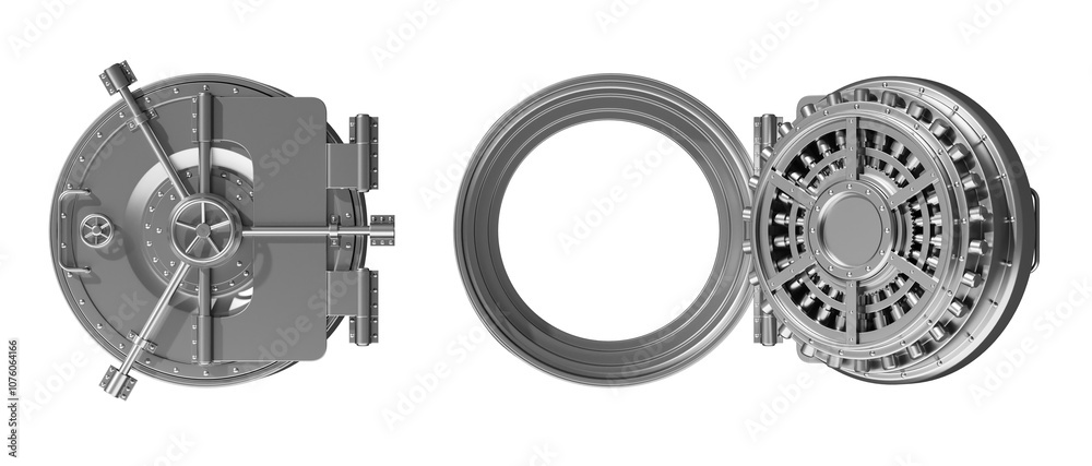 Fototapete closed and open bank vault doors on a white background, showcasing metal details and locking mechani