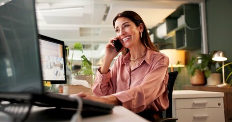 Happy, business woman and office with phone call for discussion, conversation or online chat....