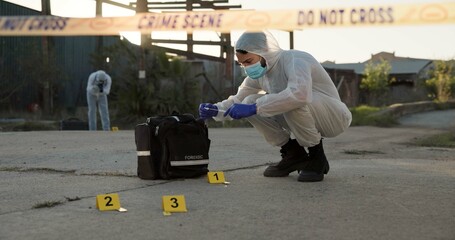 Person, forensic and sample of crime scene with evidence outdoor, dna investigation and murder...