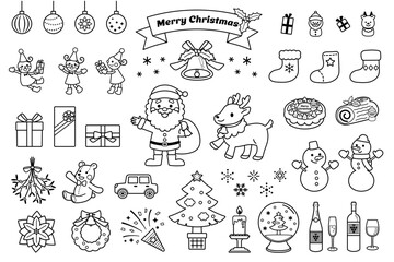 かわいいクリスマスのイラスト素材セット　モノクロ