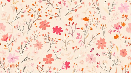 Pink and orange flowers and leaves pattern illustration poster background
