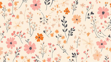 Pink and orange flowers and leaves pattern illustration poster background