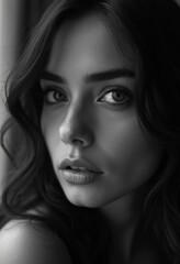 Fototapeta premium Black and White Portrait of Attractive Uruguayan Girl with Soft Lighting