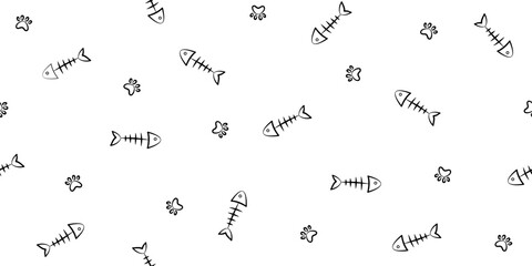 Cute cat paw and fish bone seamless background.