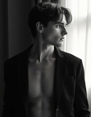 Obraz premium Black and White Portrait of Attractive German Boy in Stylish Attire