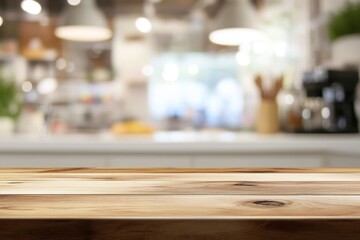 Wooden tabletop with blurred background of a kitchen.