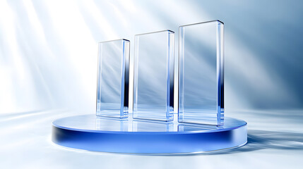 Three glass awards on a reflective base