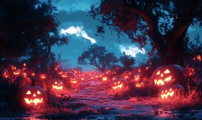 Creepy Pumpkin Patch at Twilight with Rows of Jack-o'-Lanterns Flickering, Surrounded by Shadows, with an Open Area Above for Adding Halloween Titles or Festive Quotes