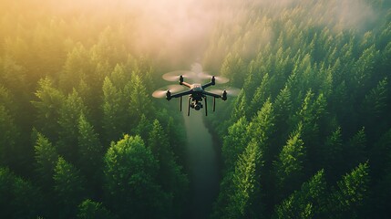 Fototapeta premium A tourist operating a drone over a lush forest, capturing aerial shots of tall green trees and a winding river below, sunlight filtering through the canopy,